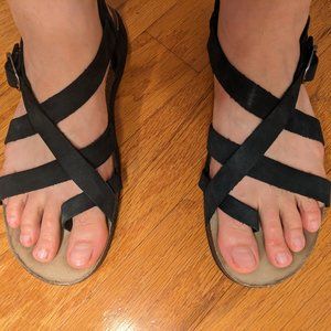 Teva Black Leather Toe Strap Sandal with Cork and Rubber Sole, Women's Size 9.5